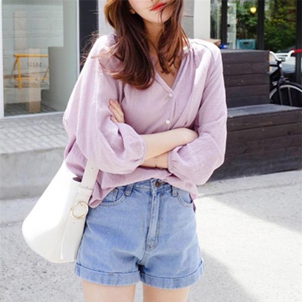 

women's blouses & shirts spring blouse casual fashionable korean style v-neck shirt loose lantern sleeve cotton and linen, White