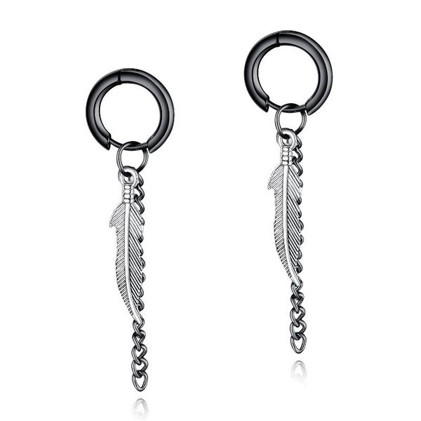 

hoop & huggie 2021 punk stainless steel feather chain tassels earrings for men women trendy hip hop jewelry accessories earring wholesale, Golden;silver