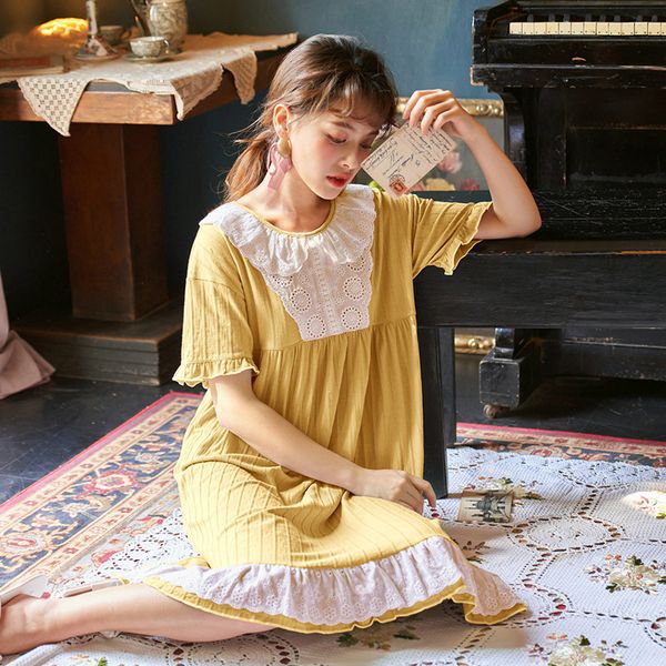 

ladies nightwear korean plus size nightgown cotton sleepwear female summer casual short sleeves lace nightdress night gown t200429, Black;red