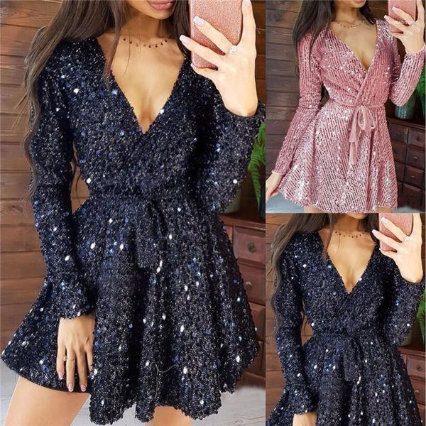 

dresses party fashion female clothing womens designer mini dress long sleeve deep v neck panelled sequins bandge, Black;gray