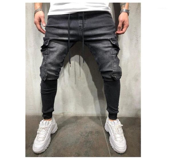 

man lining leisure denim pants upon multi-pocket biker streetwear slim elastic joggers soild color jeans1, Blue