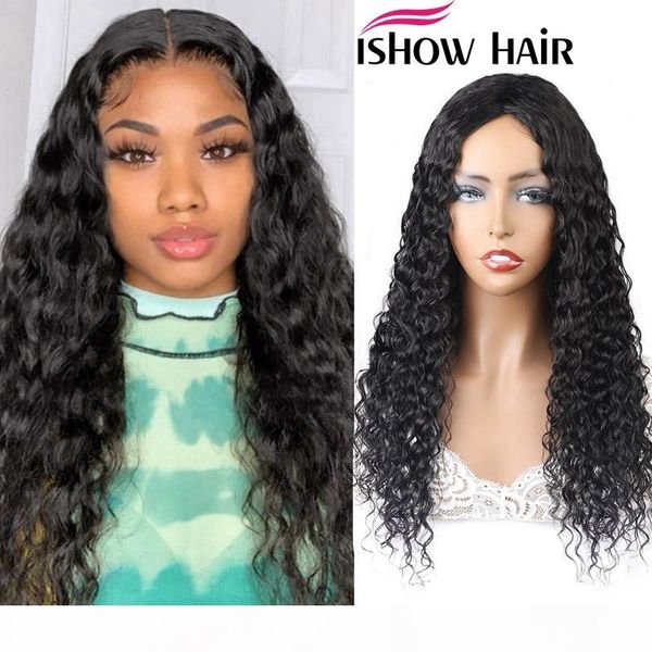 

ishow 28 30inch mink brazilian long hair loose deep yaki straight human hair wigs middle part peruvian water curly none lace wigs body, Black;brown