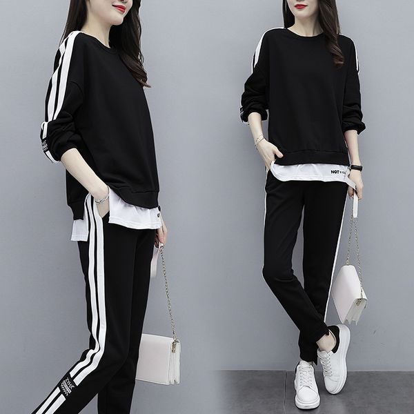 

wanyucl new women's autumn large size micro fat loose round neck striped fashion casual sports suit women 201120, White