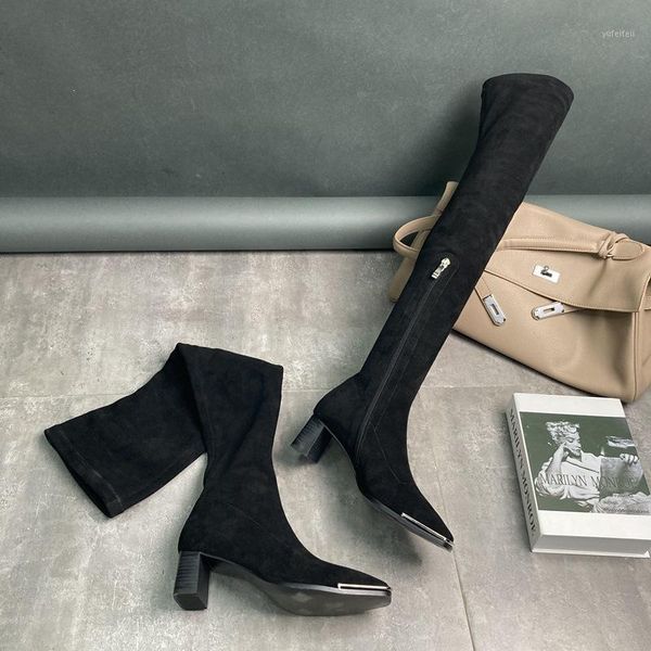 

2020 new winter women shoes female elastic flannel mid-heel square heel over knee boots fashion square toe thick heel long boots1, Black