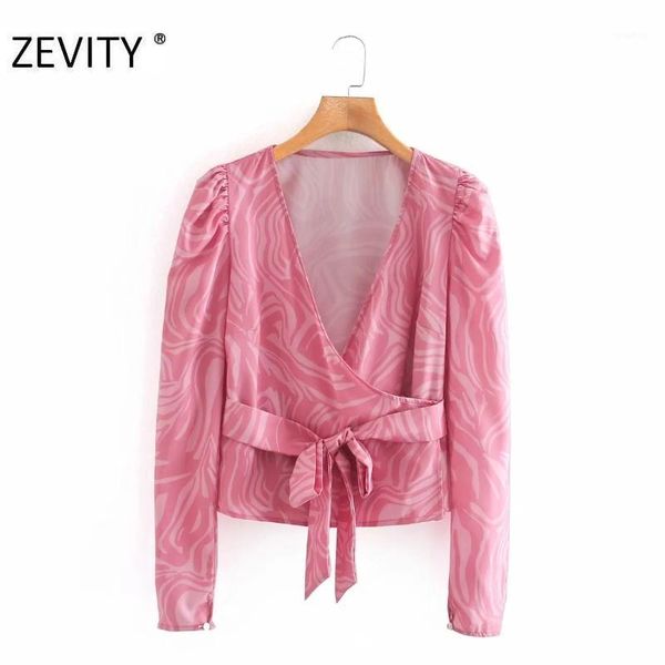 

zevity women fashion puff sleeve cross v neck printing casual shirt blouses women bow teid sashes roupas chic blusas ls70831, White