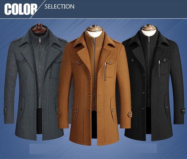 

light grey men's long winter wool coat jackets men's leisure, Black;brown
