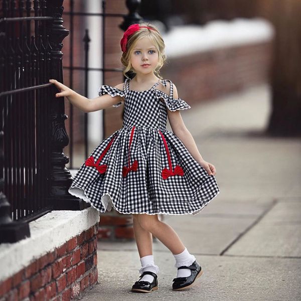 

eachin girls dresses fashion baby kids girl short sleeve off shoulder a-line plaid princess dress children casual beach dresses t200624, Red;yellow