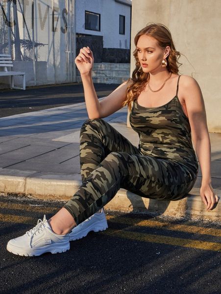 

plus camo print unitard jumpsuit 17yl#, Black