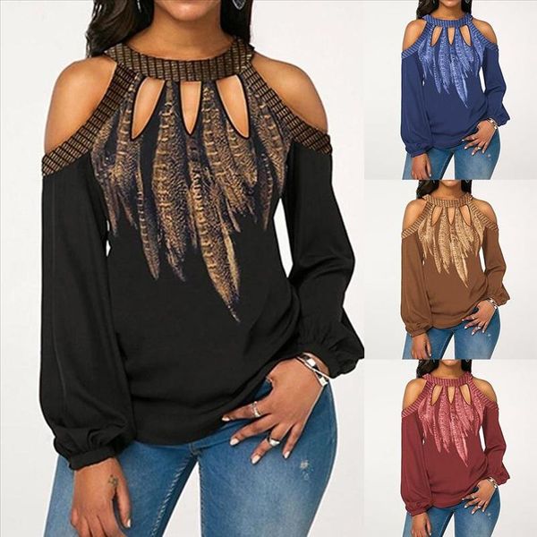 

blouse plus size feather print women cold shoulder long sleeve blouse chiffon shirt round neck chiffon womens s 5xl, White