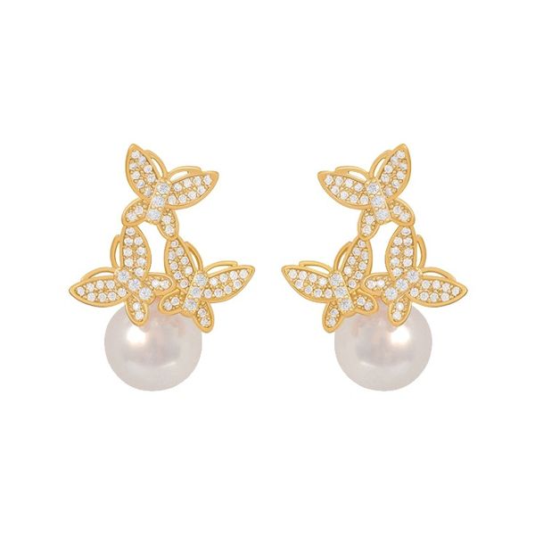 

s925 silver needle micro inlaid butterfly pearl earrings, Golden;silver