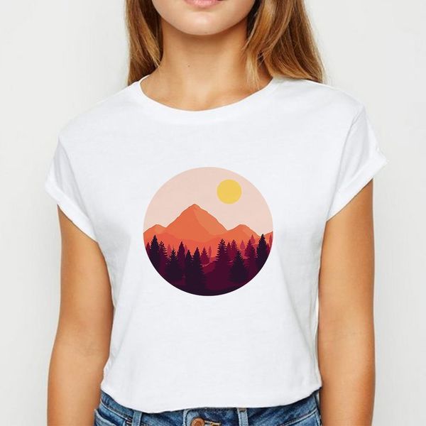 

новая футболка женщин пейзаж закат футболка vogue весна лето плюс размер топ тройник красивый мультфильм круглые шеи футболки, White