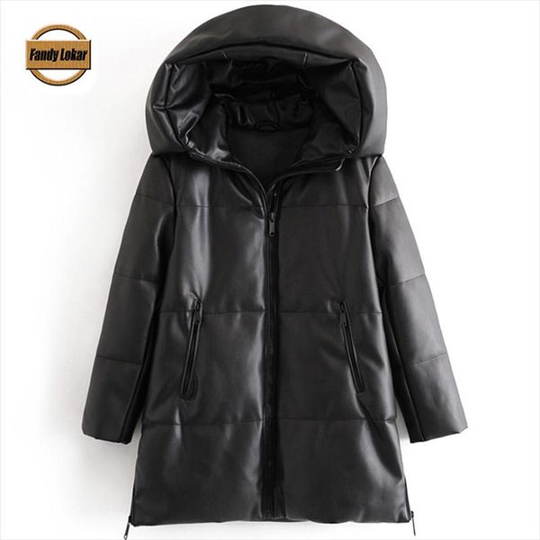 

winter hooded parkas women fashion zipper long coats women elegant loose pu leather cotton jackets female ladies iq, Black