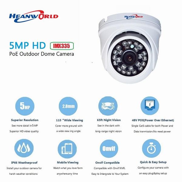 

sony imx335 hd 5.0mp outdoor waterproof night vision ip dome camera 2.8mm wide-angle for poe nvr system support onvif 2.0