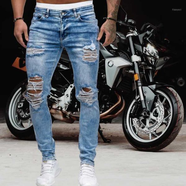 

men ripped skinny jeans blue biker hole pencil pants locomotive party casual trousers street clothing denim men clothing1