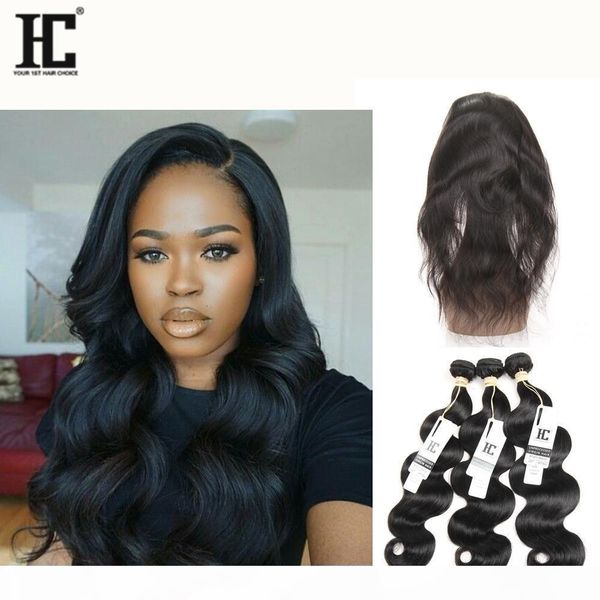 

hc peruvian virgin hair 360 lace frontal with bundles body wave 3 pieces lot unprocessed human hair 360 lace frontal with hair extensions, Black;brown