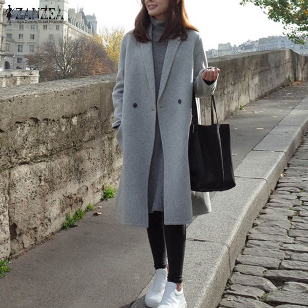 

2020 zanzea women wool blends coat winter autumn female long sleeve double breasted long jacket plus size casual windbreakers lj201106, Black