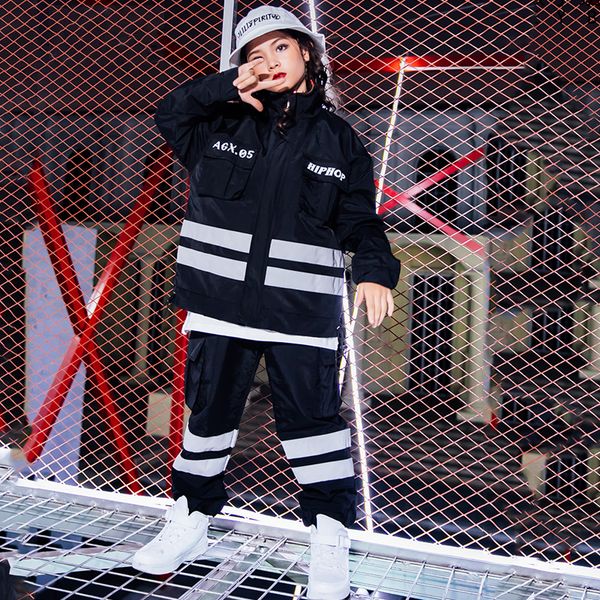 

children ropa street dance costume hip hop kids autumn clothes black coat pant suit performance dance wear hiphop clothing 343, Black;red