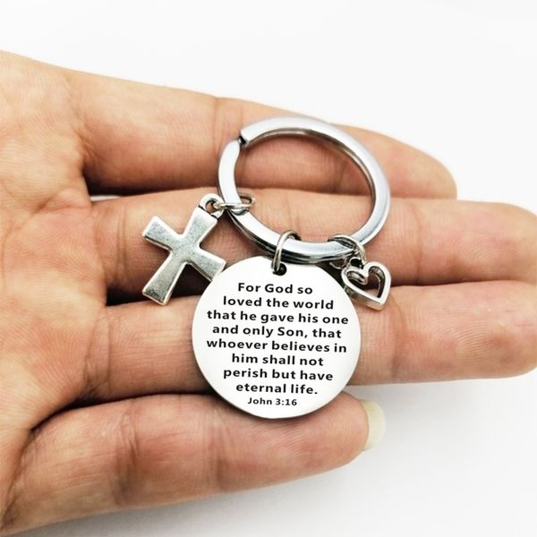 

verse christian bible keychains cross heart charms scripture stainless steel pendant key chain religious faith jewelry, Silver
