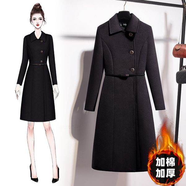 

autumn winter professional women's middle and long stewardess sales department front desk work clothes woolen coat, Black