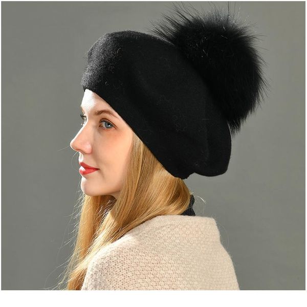 

women beret cap real big fur pom pom winter knitted wool beret natural raccoon fur ball hat solid color qualit jllfff