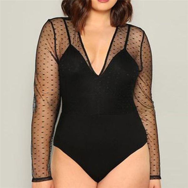 

women's jumpsuits & rompers fashion bodysuit women plus size perspective long sleeve v-neck jumpsuit party overalls body mujer 3a1, Black;white