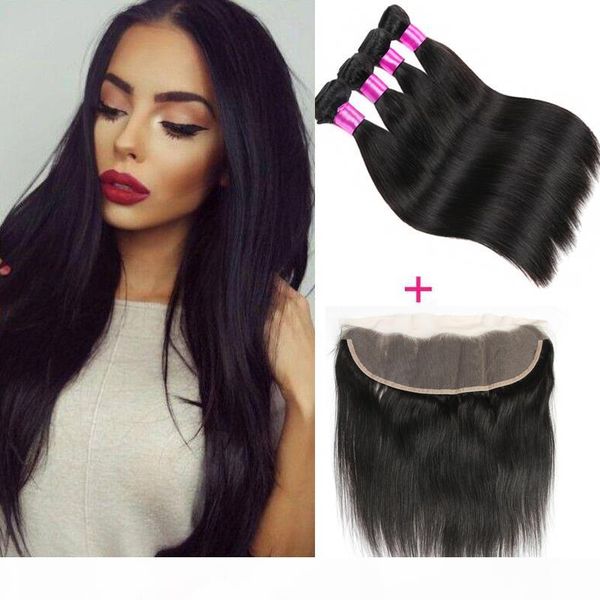 

brazilian straight virgin hair 3 4 bundles wefts with 13x4 ear to ear lace frontal closure r human hair extensions with closure, Black;brown