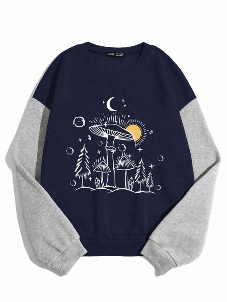 

two tone mushroom & moon print thermal lined sweatshirt y79n#, White;black