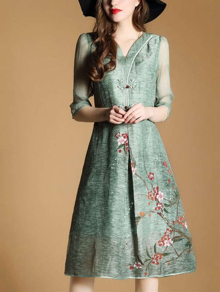 

spring new chinese style mid sleeve v-neck printed silk dress loose a-line skirt, Black;gray