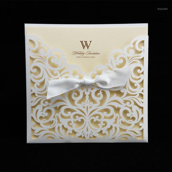 

greeting cards wholesale- 1pcs sample card laser cut wedding invitations with ribbon blank inner sheet invitation for party birthday supply1