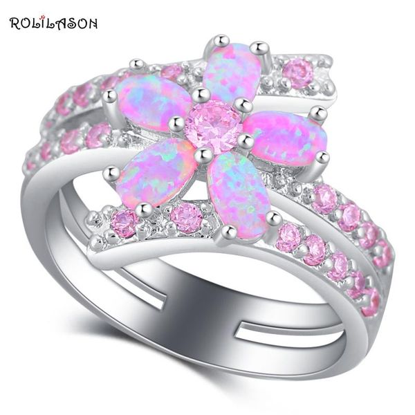 

cluster rings rolilason luxury sparkling flower style pink fire opal silver zircon fashion jewelry ring usa sz #5#6#7#8#9#10 or880, Golden;silver