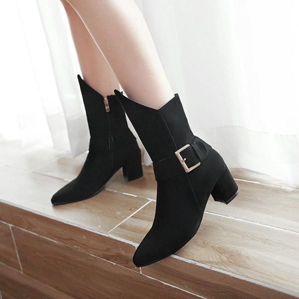 

big size euro-american wind-tipped thick heel side zipper belt buckle mid-cylinder boots, Black
