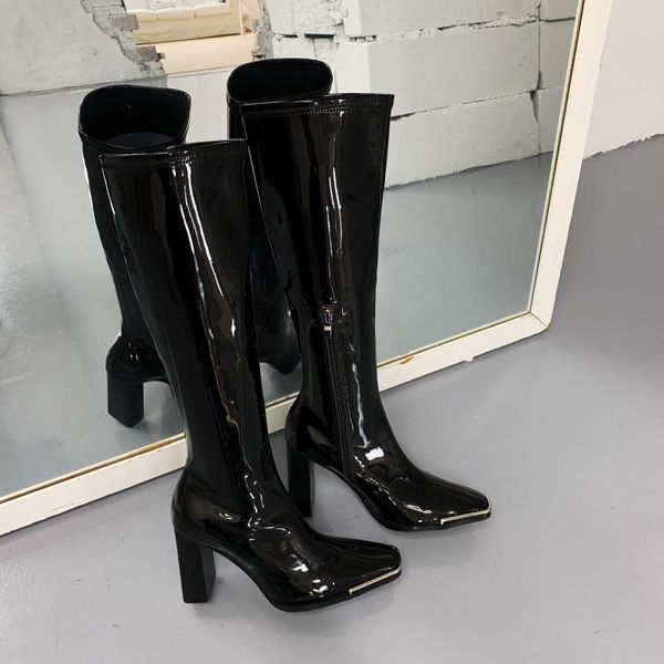 

women's mid-calf boots black patent leather square toe metal decoration shoes high heels b214
