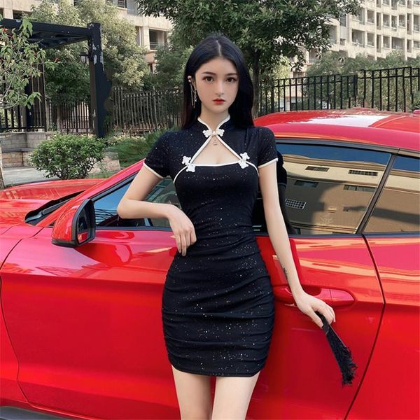 

short-sleeved retro improved cheongsam-style bag hip black dress 2020 temperament fashion short dress1, Black;gray