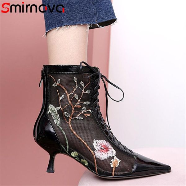 

boots smirnova 2021 est patent leather women ankle pointed toe mesh embroider elegant thin heel party wedding shoes, Black