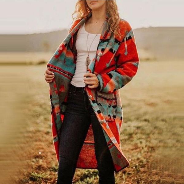 

elegant ladies jacket single row button warm woolen coat long print retro hooded windbreaker winter overcoat female plus size, Black