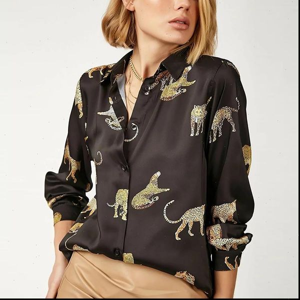 

women blouses long sleeve turn down collar casual fashion leopard print ol style office shirt ladies loose blouses blusas, White