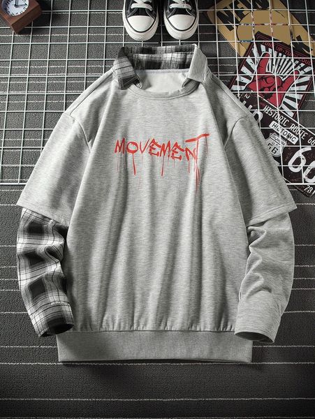 

men plaid & letter graphic 2 in 1 pullover 32f2#, Black