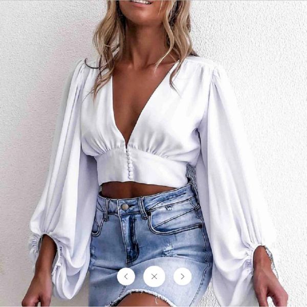 

summer womens fashion deep v neck shirts puff long sleeve blouse folds spring white party shirt elegant woman blouse