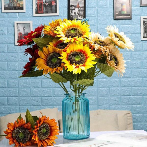 

3 heads artificial sunflowers fake flower floral bouquet home garden decor