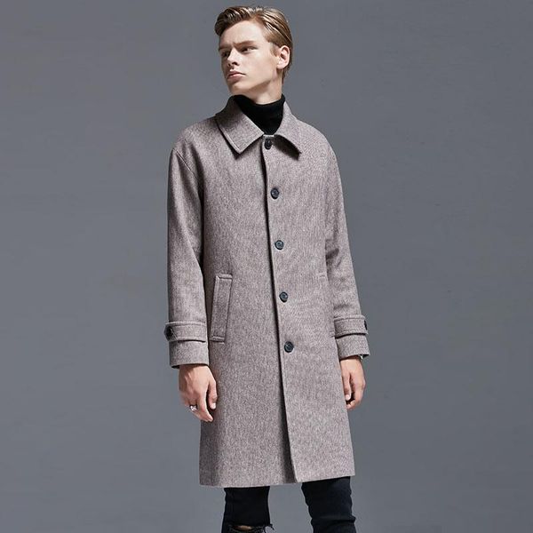 

men's wool & blends breasted minimalist single woolen trench coat jacket men urban fashion loose-fit middle long coats and jackets, Black