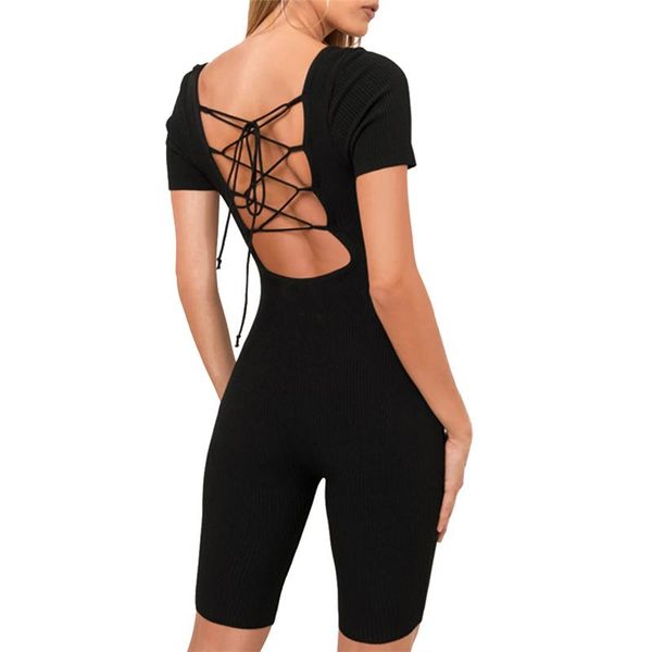 

women bodycon playsuit short sleeve skinny backless jumpsuit summer 2021 casual fitness romper jumpsuits shorts, Black;white