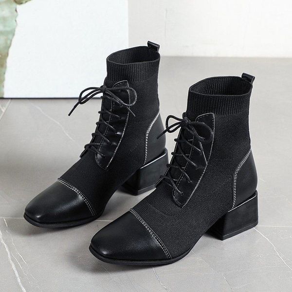 

fashion woman ankle boots knited leather handmade autumn winter boots cross-tied high heels women1, Black
