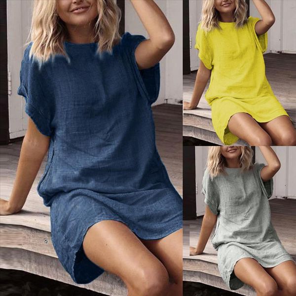 

summer dress women summer casual solid short sleeve dress crew neck linen dress casual condole belt womens clothing mulheres, Black;gray