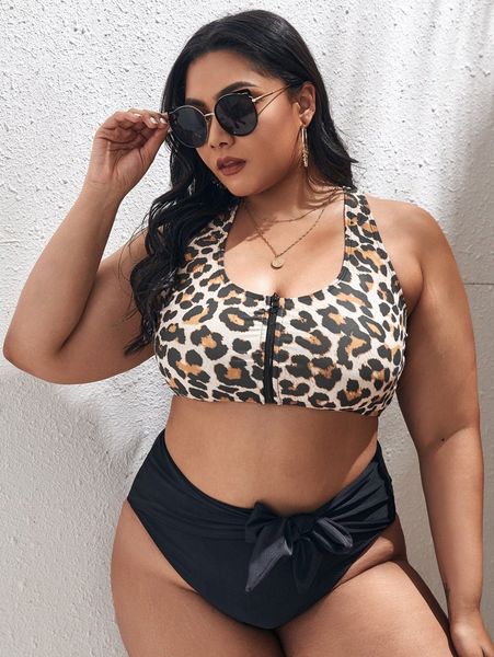 

plus leopard zipper bikini x41j#, Black