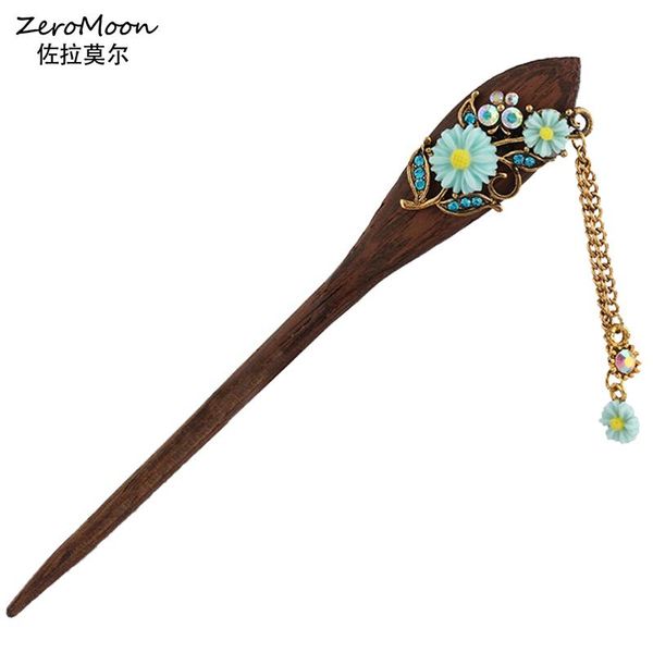 

hair clips & barrettes romantic rose flower wood stocks crystal rhinestone leaves hairpin women metal tassel chain accessory vintage jewelry, Golden;silver