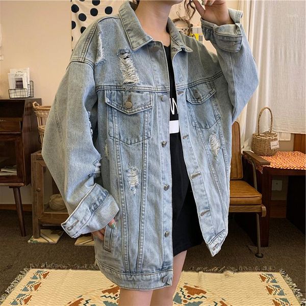 

2020 denim jackets women hole long sleeve vintage jean jacket denim loose spring autumn coat streetwear female nzy811, Black;brown