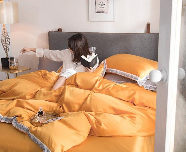 

bedding sets bed linings set bedclothes flat sheet quilt cover pillowcase full  king size bedroom home textiles silk yellow1
