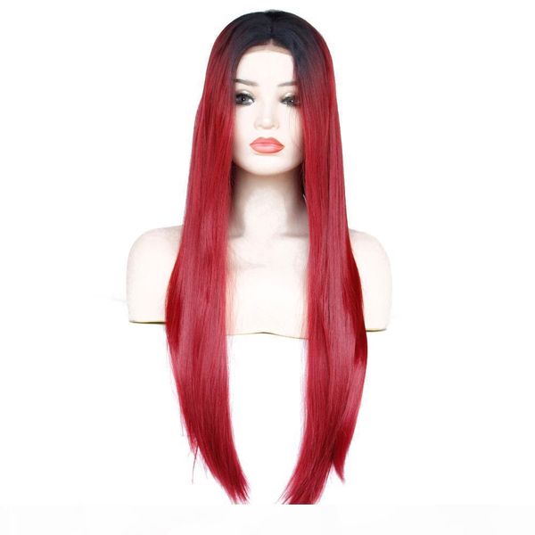 

red wine lace front wig for sale high temperature heat resistant fiber long straight black ombre burgundy synthetic lacefront wigs for women, Black;brown