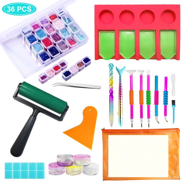 36 stücke Diamant Malerei Werkzeuge Zubehör Kits mit Tablett Organizer 5D DIY Diamant Malerei Roller Aufbewahrungsbox Ideales Geschenk 201112