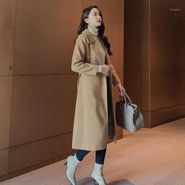

s-2xl casual solid long winter wool coats womens 2019 fashion slim wool blend coat and jacket pockets ladies coats with belt1, Black